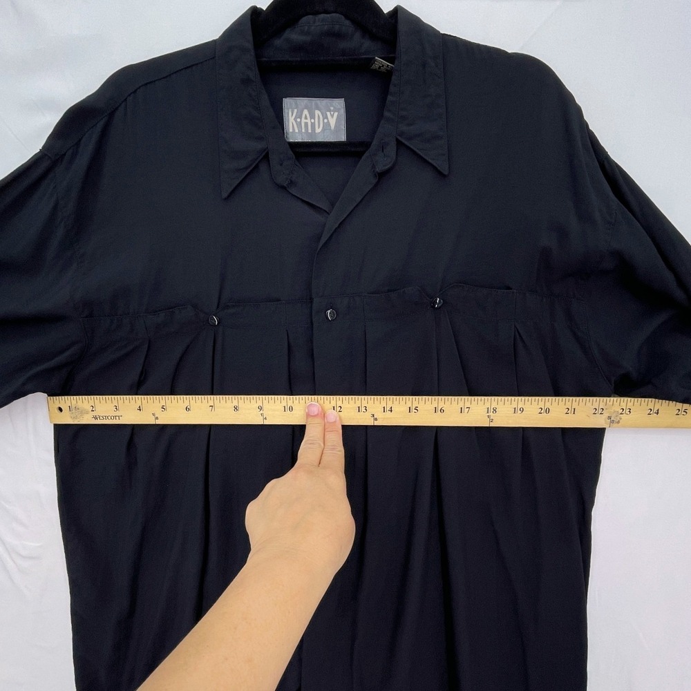 Vintage 90s Black Square Button Down Shirt L Pleated Front Long Sleeve - Picture 5 of 9